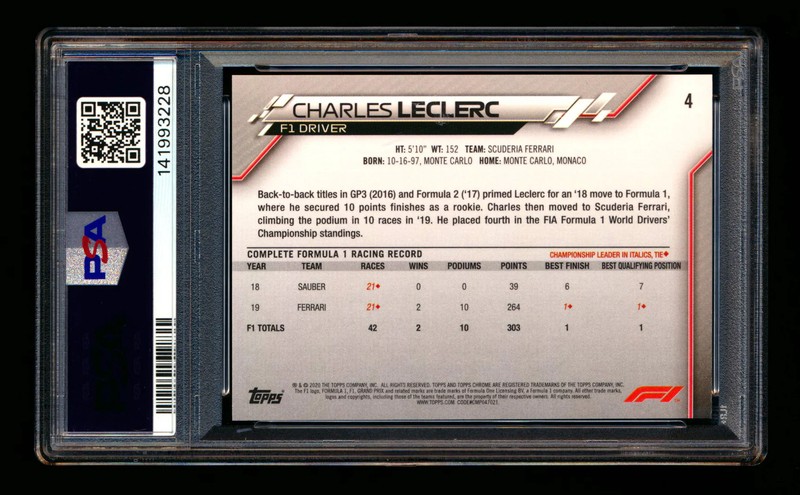 2020 Topps Chrome Sapphire F1 #4 Charles Leclerc RC Refractor Portrait PSA 9 view 2