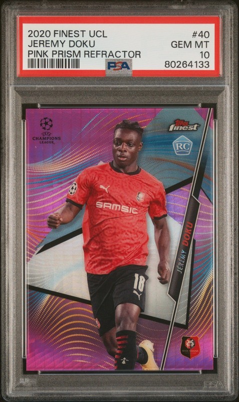 Jeremy Doku RC 2020-21 Topps Finest Pink Prizm Refractors /125 PSA Gem Mint 10