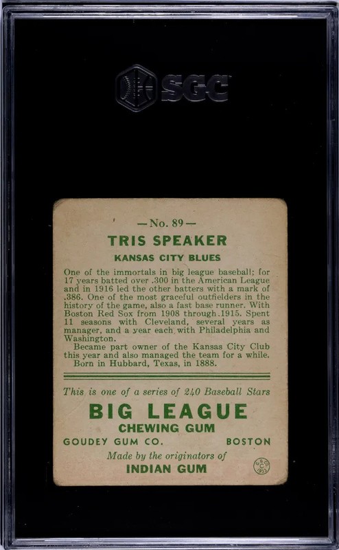 1933 Goudey Tris Speaker #89 SGC 1 view 2
