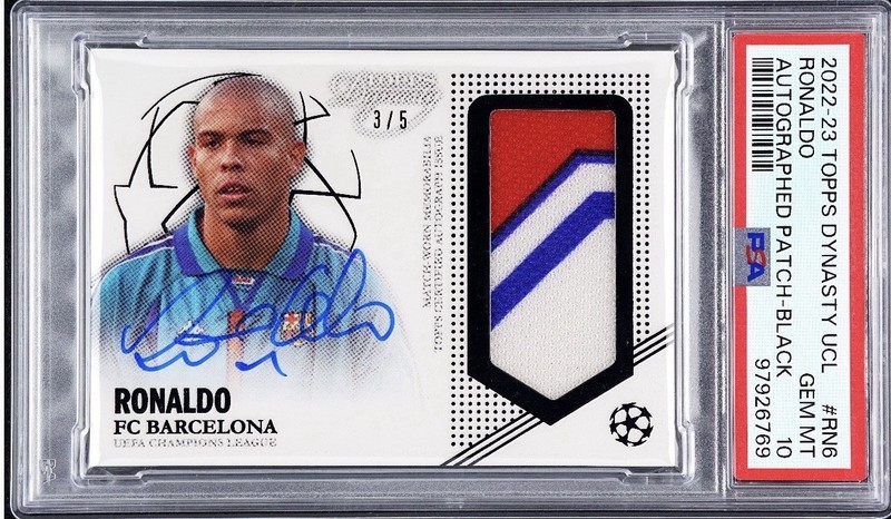 2022-23 Topps Dynasty UCL Auto/Patch BLACK Ronaldo #d/5 PSA 10 Barcelona