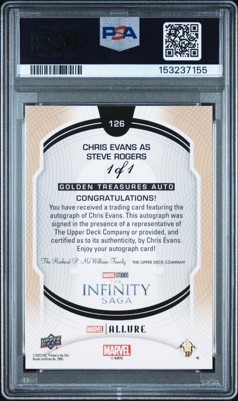 2022 UD Marvel Allure Chris Evans Auto Autograph Golden Treasures #d 1/1 PSA 10 view 2