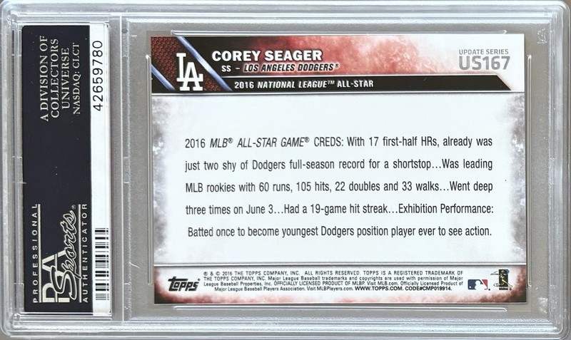 2016 TOPPS  UPDATE #US167 ROOKIE COREY SEAGER PSA 10 GEM MT DODGERS view 2