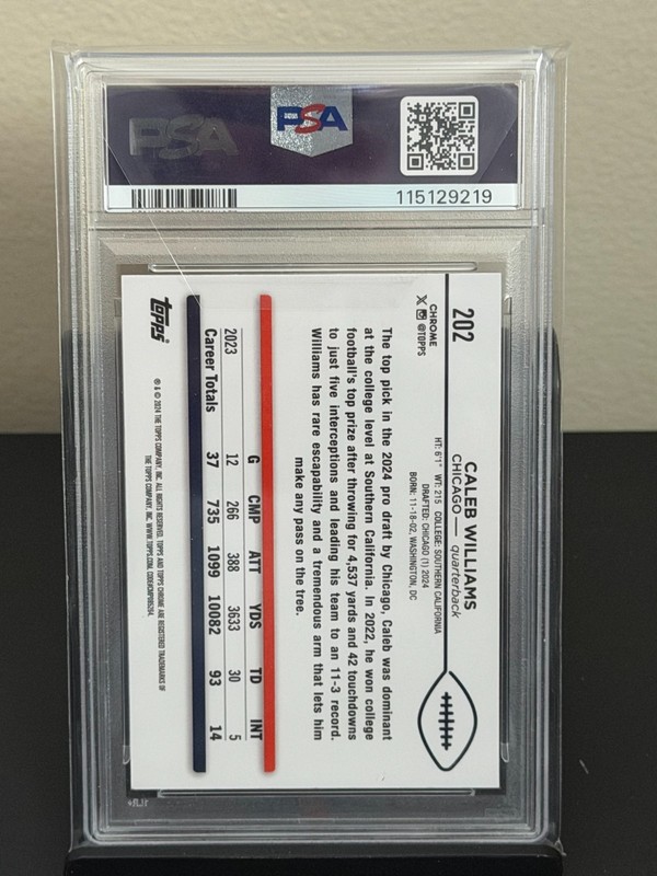 2024 Topps Chrome Caleb Williams Teal Refractor /250 PSA 10 GEM Bears Rookie RC view 2