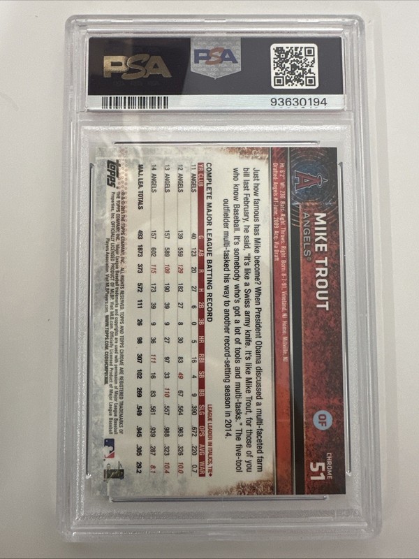 2015 Topps Chrome Mike Trout #51 Sliding Prism Refractor LA Angels PSA 10 -TCCCX view 2