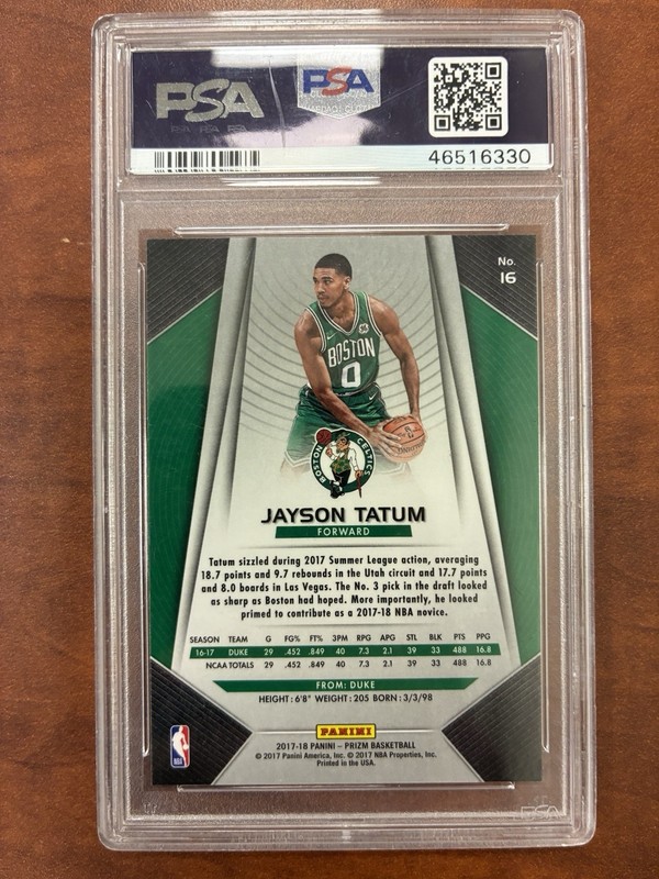 Jayson Tatum 2017-18 Panini Prizm Rookie #16 PSA 10 Gem Mint *Scratched Slab* view 2