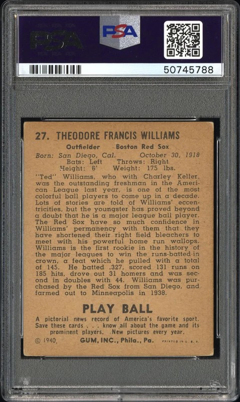 1940 Play Ball Ted Williams #27 PSA 3.5 view 2