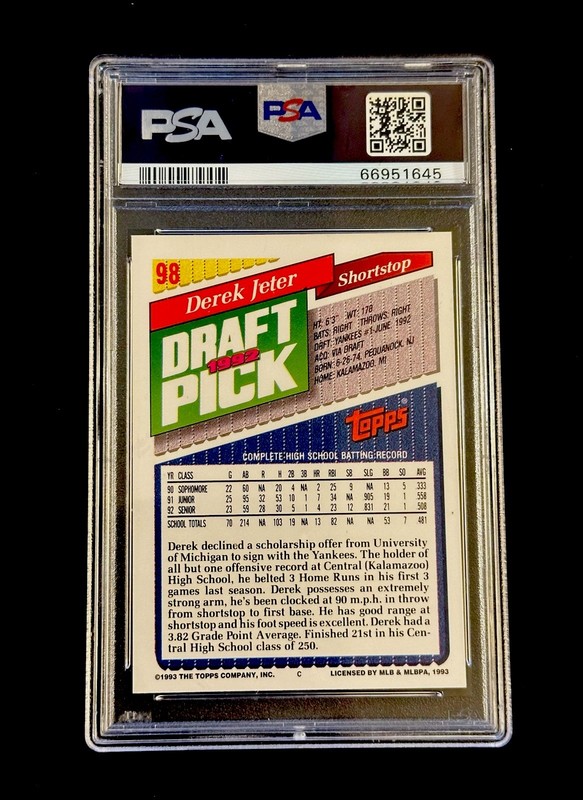 1993 Topps Derek Jeter Rookie PSA 9 Mint #98 RC Baseball Card New York Yankees view 2