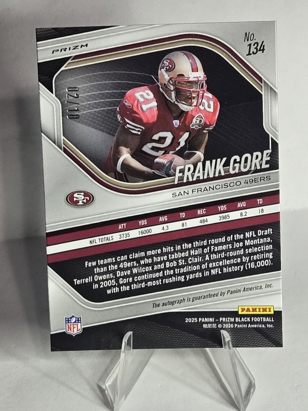 Frank Gore 2025 Panini Prizm Black Auto Prizm Gold Shimmer 2 /10 #134 SF 49ers🔥 view 2