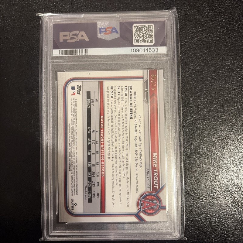 2022 Bowman Chrome - Mike Trout #13 Yellow Refractor /75 PSA 9 view 2