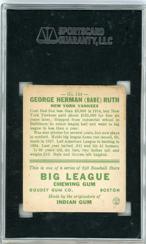 1933 Goudey Babe Ruth #144 SGC 2 view 2