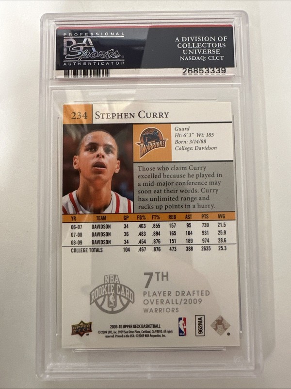 2009 Upper Deck Stephen Curry #234 RC Golden State Warriors PSA 8.5 - TCCCX view 2
