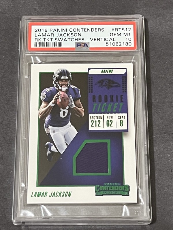 2018 Panini Contenders Lamar Jackson RC Rookie Ticket Swatches Patch PSA 10 view 2