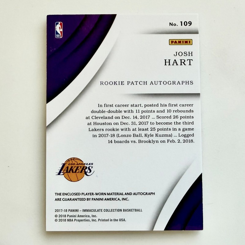Josh Hart RPA 3/5 Jersey Number - Panini 2017-18 Immaculate Rookie Patch Auto view 2