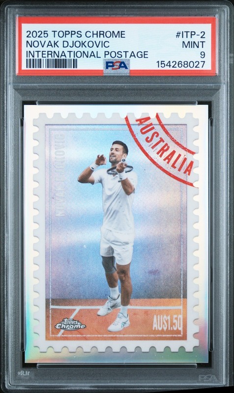 Novak Djokovic 2025 Topps Chrome Tennis International Postage Case Hit SSP PSA 9