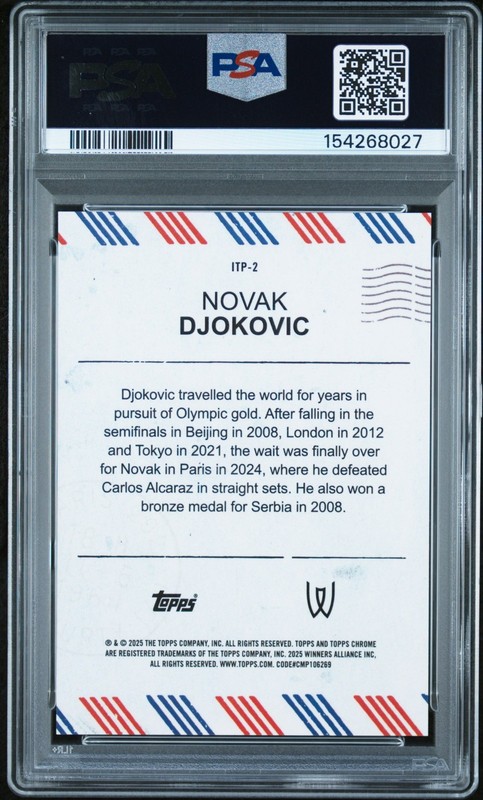 Novak Djokovic 2025 Topps Chrome Tennis International Postage Case Hit SSP PSA 9 view 2