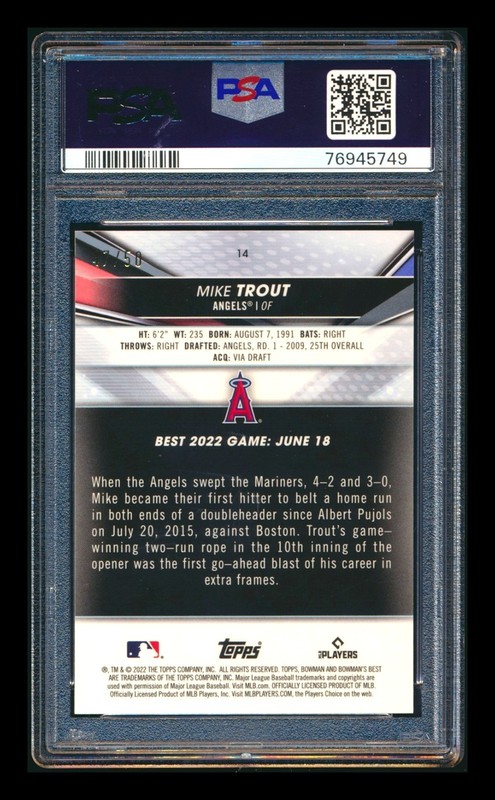 2022 BOWMAN'S BEST MIKE TROUT GOLD REFRACTOR ANGELS RARE SP #47/50 PSA 10 GEM! view 2