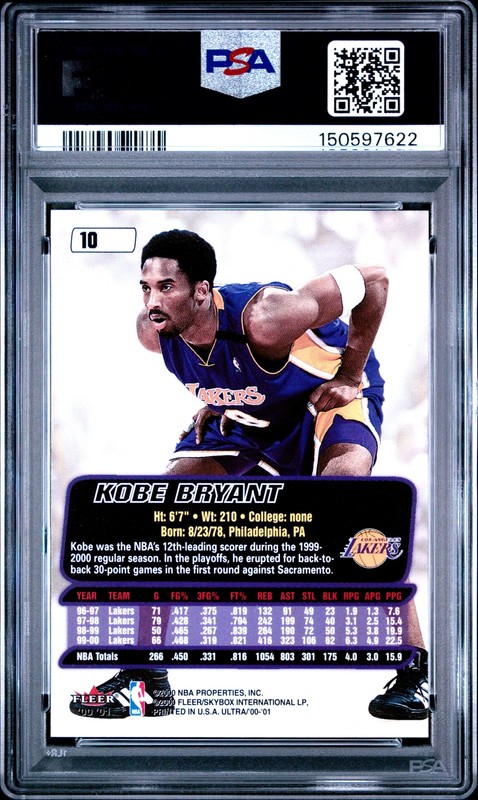 Kobe Bryant w/ Shaquille O'Neal 2000 Fleer Ultra #10 PSA 9 Lakers view 2