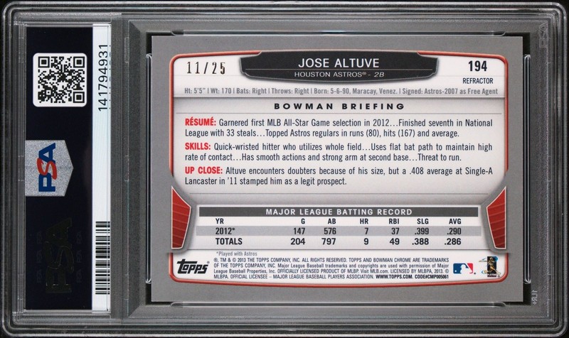 2013 Bowman Chrome Orange Refractor POP 3 Color Match Jose Altuve 11/25 PSA 9 view 2