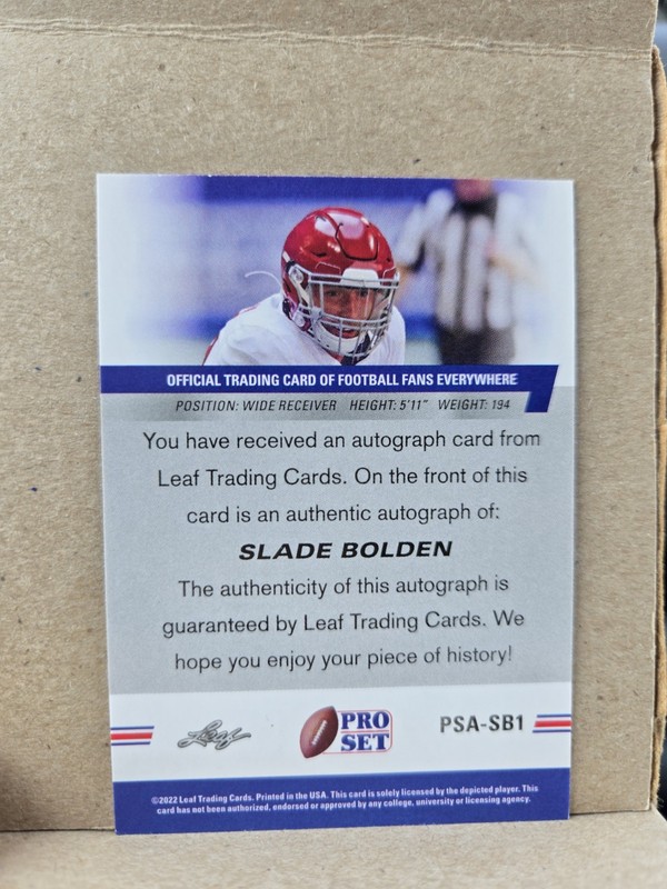 2022 Pro Set Leaf Rookie Auto Slade Bolden #PSA-SB1 Atlanta falcons alabama tide view 2