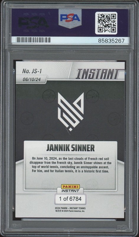 2024 Panini Instant #JS-1 Jannik Sinner Signed World No. 1 Rookie PSA AUTO RC view 2