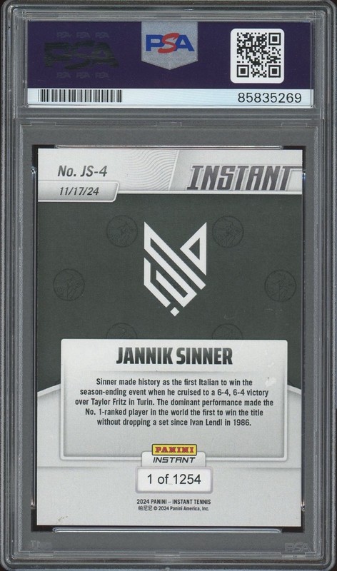 2024 Panini Instant #JS-4 Jannik Sinner Signed Tennis Rookie Card PSA AUTO RC view 2