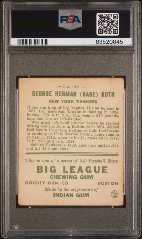 1933 Goudey Babe Ruth #149 PSA 2 view 2