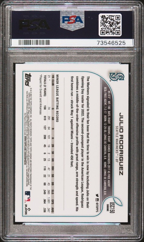 Julio Rodriguez PSA 9 2022 Topps Chrome Update #USC150 Mariners RC view 2