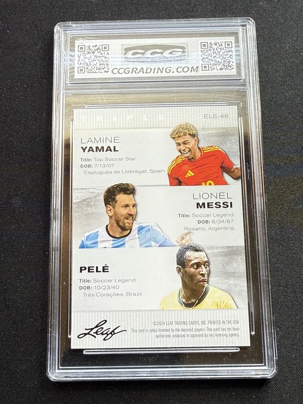 Lamine Yamal / Lionel Messi / Pele 2024 Leaf Triple Legends CCG 10 yamal RC view 2