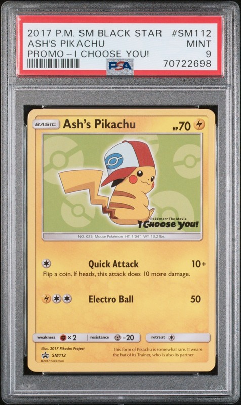 PSA 9 Ash's Pikachu SM112 Sun & Moon Black Star Promo I CHOOSE YOU! Pokemon 2017