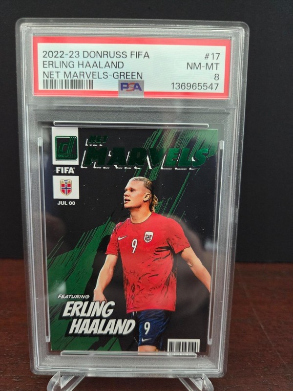 2022-23 DONRUSS FIFA NET MARVELS GREEN ERLING HAALAND SOCCER CARD  PSA 8