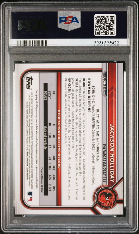 2022 1st Bowman CD Jackson Holliday True Blue Refractor Auto /150 PSA 10 POP 10 view 2