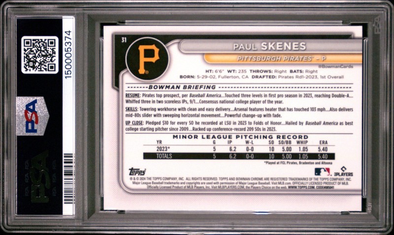 Paul Skenes 2024 Bowman Chrome #31 Rookie PSA 10 view 2