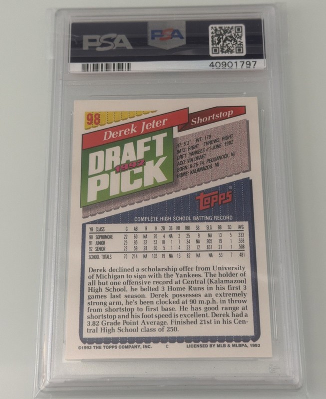 1993 Topps '92 Draft Pick Rookie #98 Derek Jeter PSA 9 MINT view 2