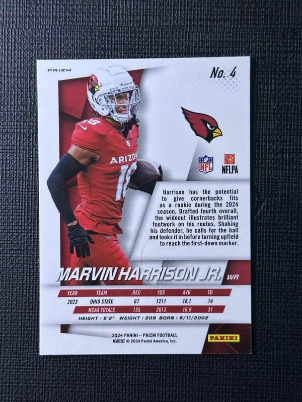 2024 Panini Prizm Football #4 Marvin Harrison Jr Rookie Flashback No Huddle RC view 2