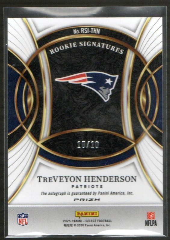 2025 Panini Select Prizm Treveyon Henderson Patriots Rookie Gold Auto #10/10 RC view 2