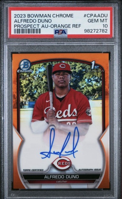 2023 Bowman Chrome Alfredo Duno True Orange Auto Refractor #d/25 Reds PSA 10