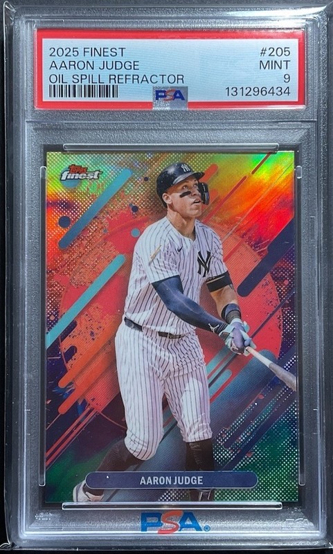2025 Topps Finest Aaron Judge Rare Oil Spill Refractor PSA 9 Pop 1 PR /5 view 2