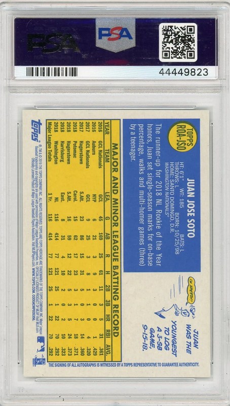 2019 Topps Heritage Real One Autographs Juan Soto #JSO Red Hat PSA 10 view 2