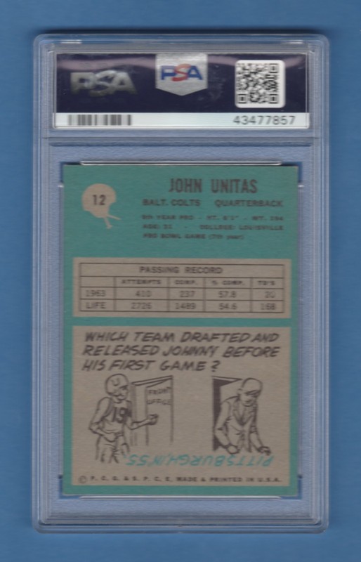 1964 Philadelphia Football,John Unitas,Baltimore Colts,#12,HOF,PSA EX+5.5 view 2