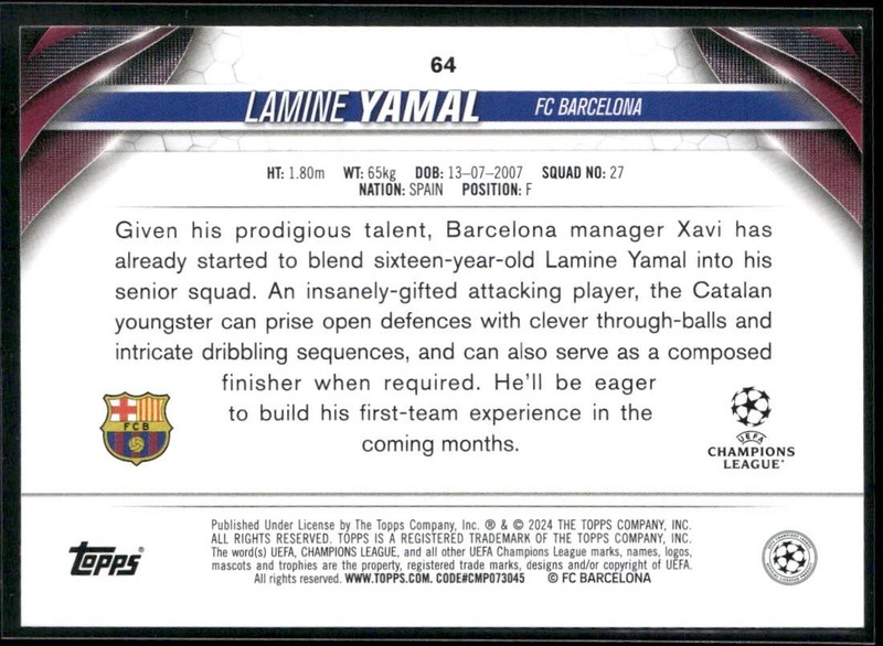 2023-24 Topps UEFA Jade Edition Lamine Yamal RC #64 Barcelona view 2
