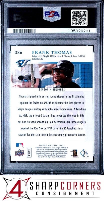 2008 UPPER DECK #386 FRANK THOMAS BLUE JAYS HOF PSA 10 view 2