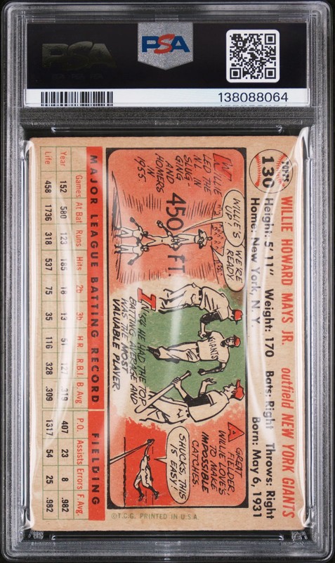 1956 Topps Willie Mays #130 White Back PSA 2 view 2