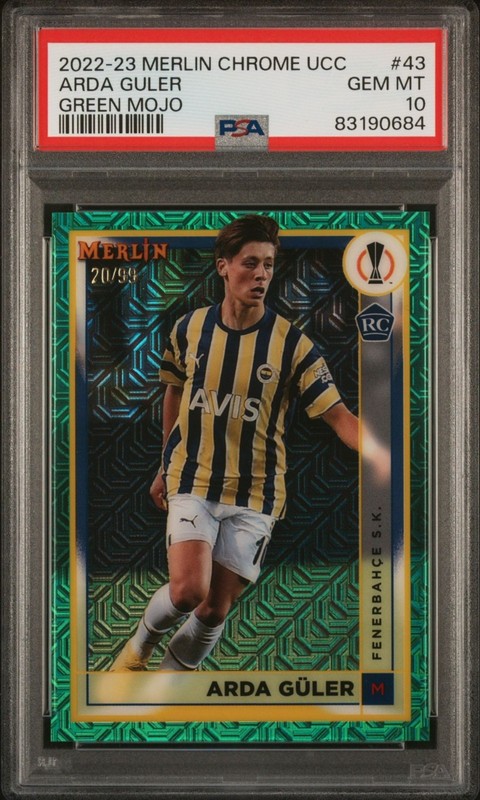 2022-23 Merlin Chrome UCC Arda Guler Green Mojo Refractor /99 Rookie #43 PSA 10