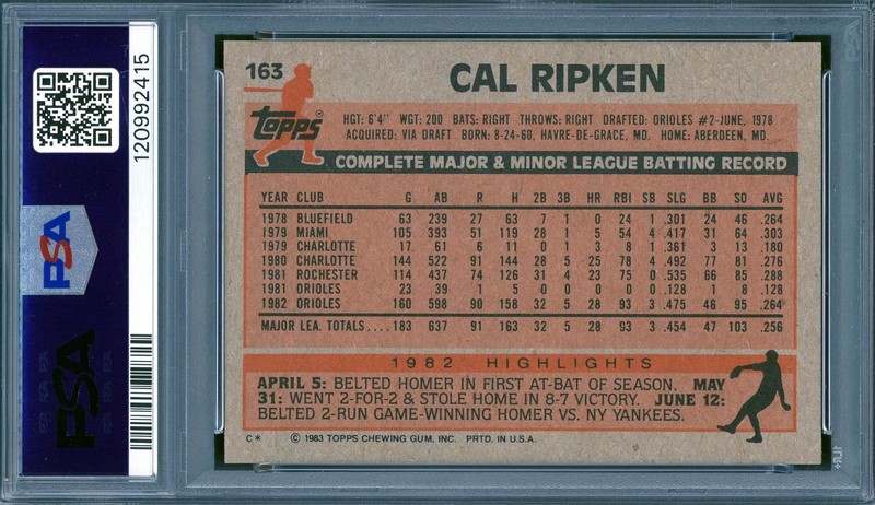 1983 Topps # 163 Cal Ripken Jr. HOF PSA 9 Mint Orioles (2415) view 2