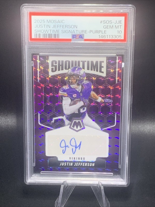 Justin Jefferson 2025 Panini Mosaic Showtime Purple Auto /49 PSA 10 Vikings view 2