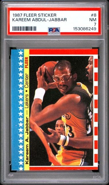 1987 FLEER BASKETBALL STICKER #8 KAREEM ABDUL-JABBAR PSA NM7 153086249