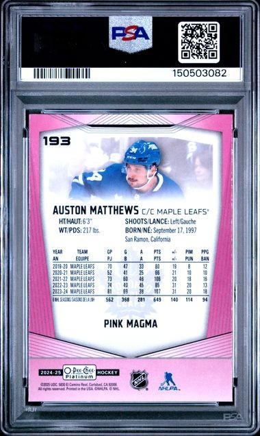 2024-25 O-Pee-Chee Platinum OPC #193 AUSTON MATTHEWS PINK MAGMA PSA 10 view 2