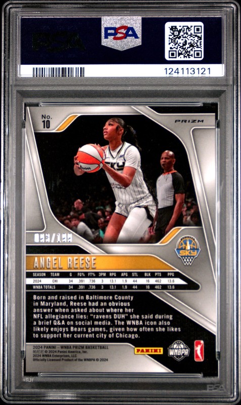 2024 Panini Prizm WNBA #10 Angel Reese Blue Prizms Rookie Card RC /199 PSA 10 view 2