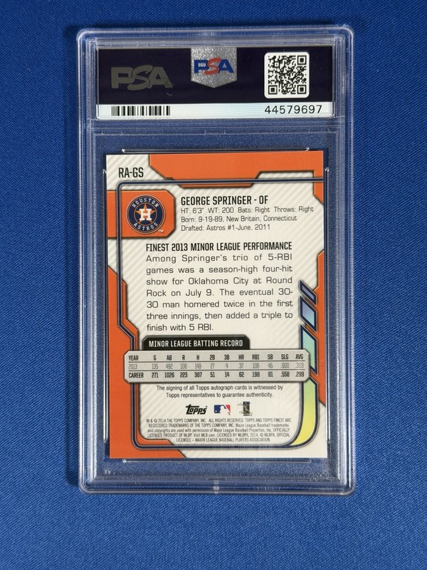 2014 Topps Finest - Rookie Auto George Springer #RA-GS (AU, RC) PSA 10 GEM MINT view 2