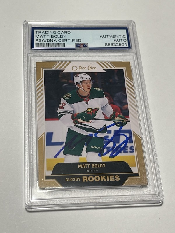 Matt Boldy Signed Card PSA DNA PSA/DNA Auto Slabbed IP OPC Glossy Rookies Wild a view 1